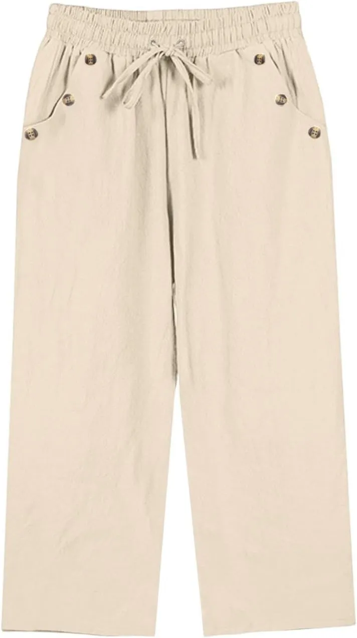 Capris Pants for Women Petite Casual Summer Lightweight Drawstring Elastic Waisted Straight Leg Loose Cropped Trouser