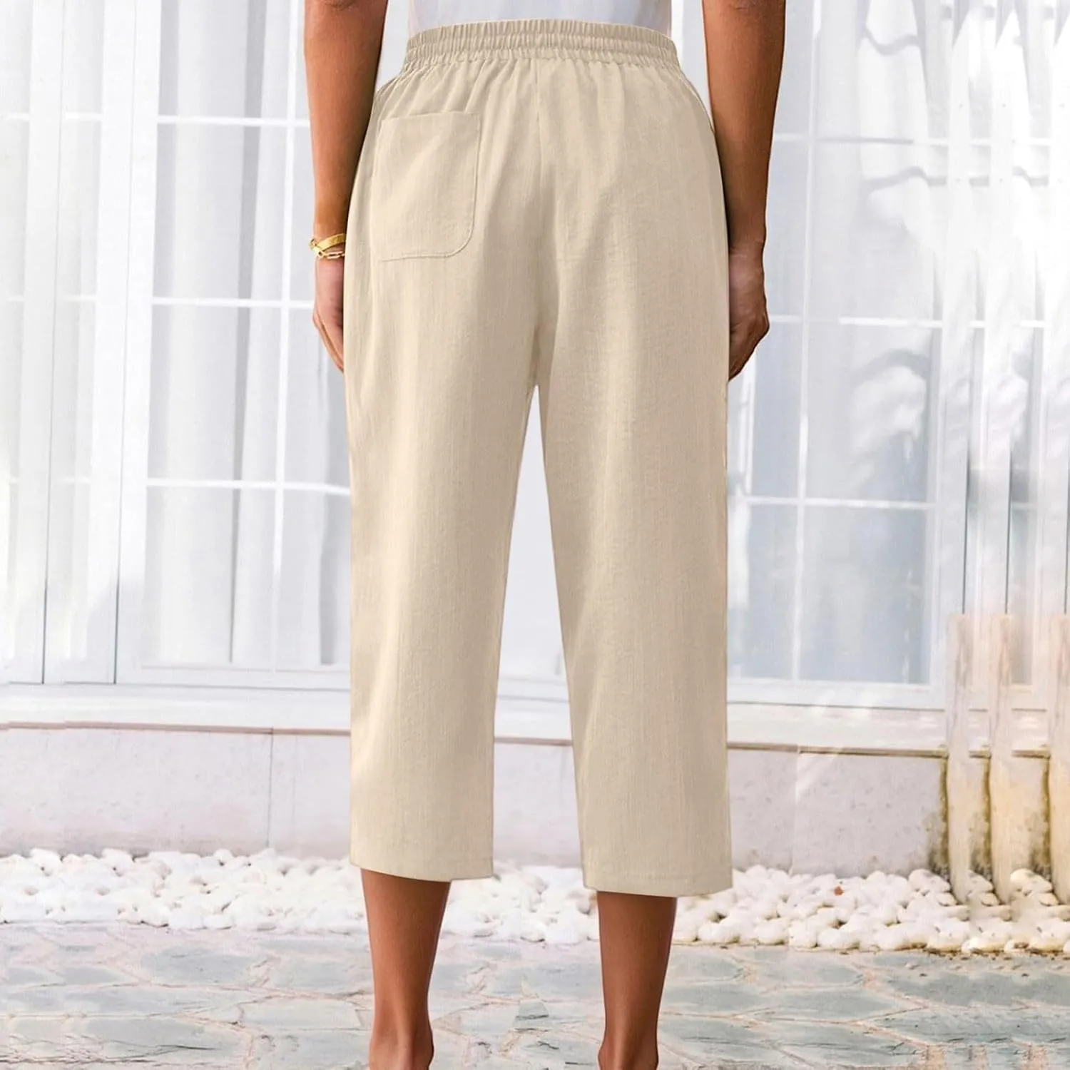 Capris Pants for Women Petite Casual Summer Lightweight Drawstring Elastic Waisted Straight Leg Loose Cropped Trouser