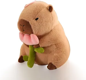 Capybara Plush Soft Animal Plush Toy Doll Pillow with Rose, Cute Capybara Stuffed Animal Plush Doll, Capybara Plushies Stuffed Toy Rodent Stuffed Animal Doll Gifts for Adults Kids Boys Girls (16 inch)