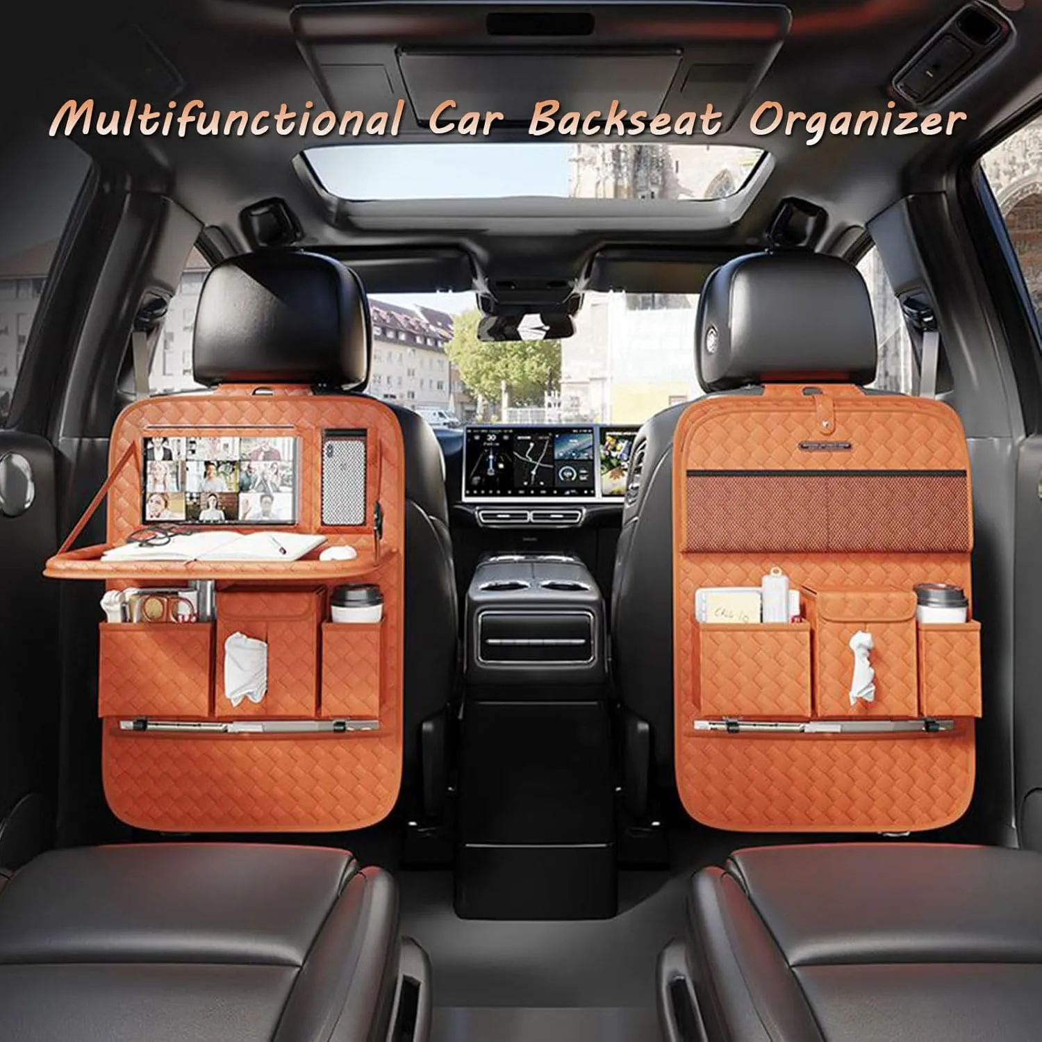 Car Rear Seat Back Storage Bag for Ford F-150 2018-2024,Storage Pockets with Foldable Tray Protectorsm,Kick Mats Travel Accessories,2pcs-D