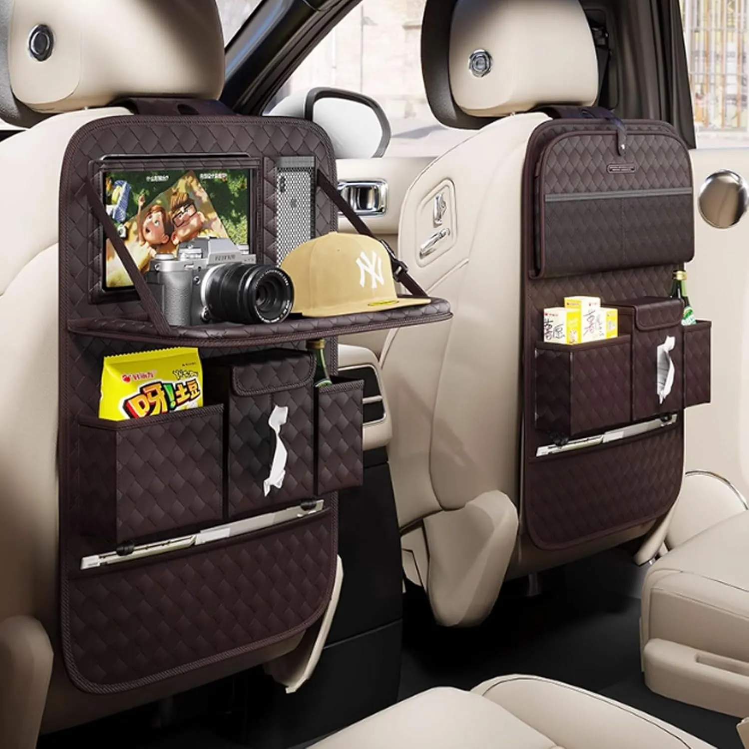 Car Rear Seat Back Storage Bag for Ford F-150 2018-2024,Storage Pockets with Foldable Tray Protectorsm,Kick Mats Travel Accessories,2pcs-D