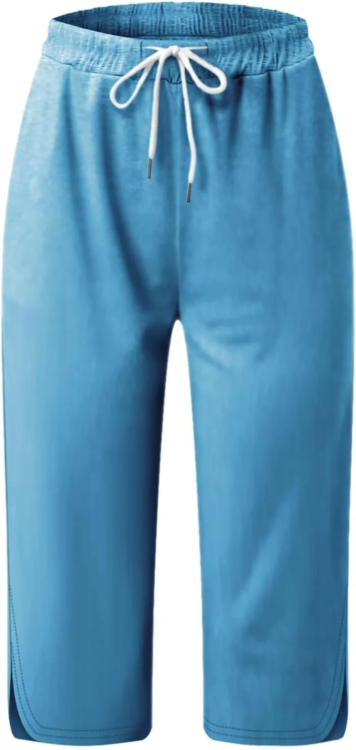 Cargo Capri Pants for Women Wide Leg Linen Pants for Women Loose High Waisted Wide Leg Lounge Drawstring Casual Palazzo