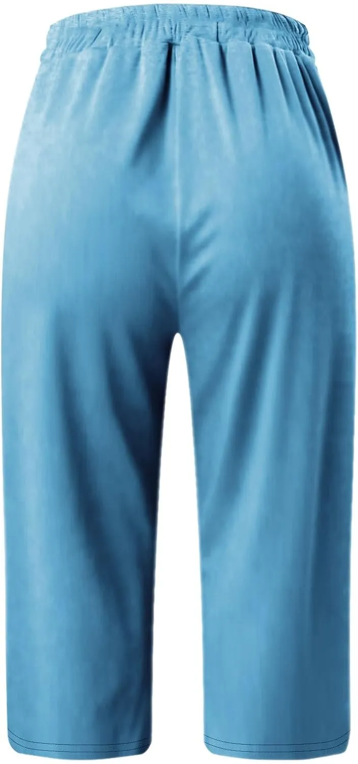 Cargo Capri Pants for Women Wide Leg Linen Pants for Women Loose High Waisted Wide Leg Lounge Drawstring Casual Palazzo