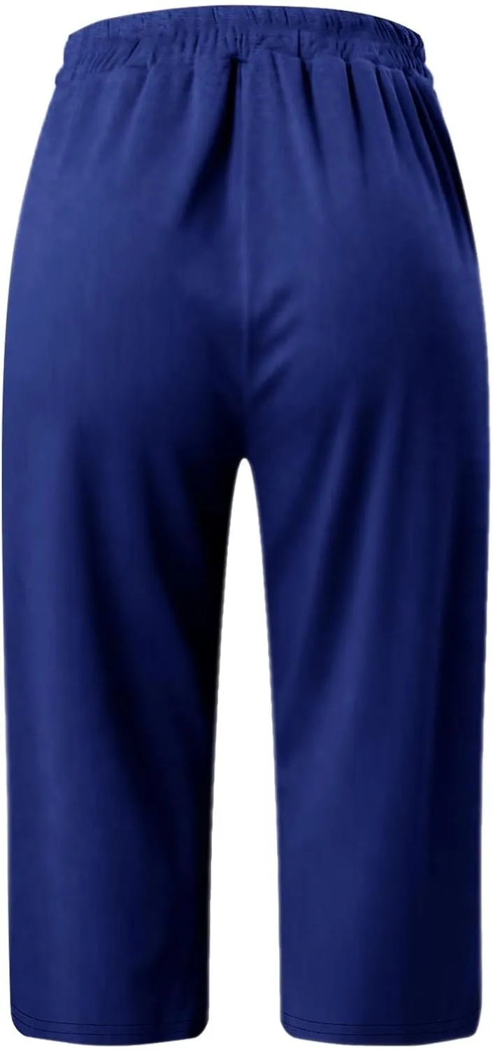 Cargo Capri Pants for Women Wide Leg Linen Pants for Women Loose High Waisted Wide Leg Lounge Drawstring Casual Palazzo