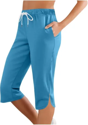 Cargo Capri Pants for Women Wide Leg Linen Pants for Women Loose High Waisted Wide Leg Lounge Drawstring Casual Palazzo