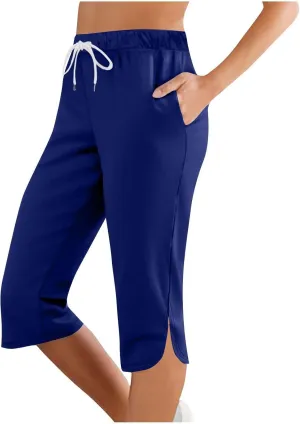 Cargo Capri Pants for Women Wide Leg Linen Pants for Women Loose High Waisted Wide Leg Lounge Drawstring Casual Palazzo