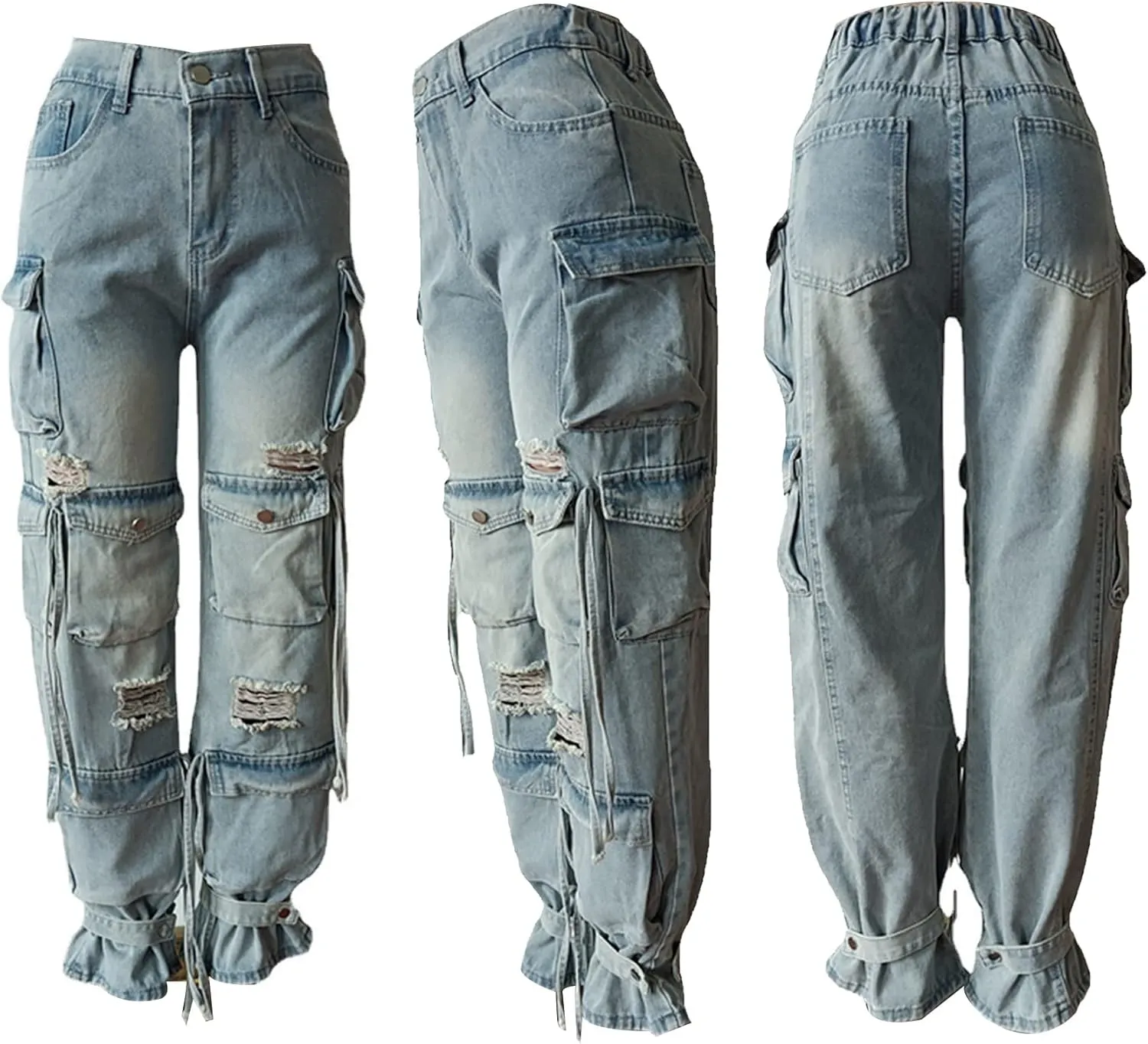 Cargo Jeans for Women Y2K High Waisted Baggy Jeans Straight Wide Leg Cargo Pants Streetwear