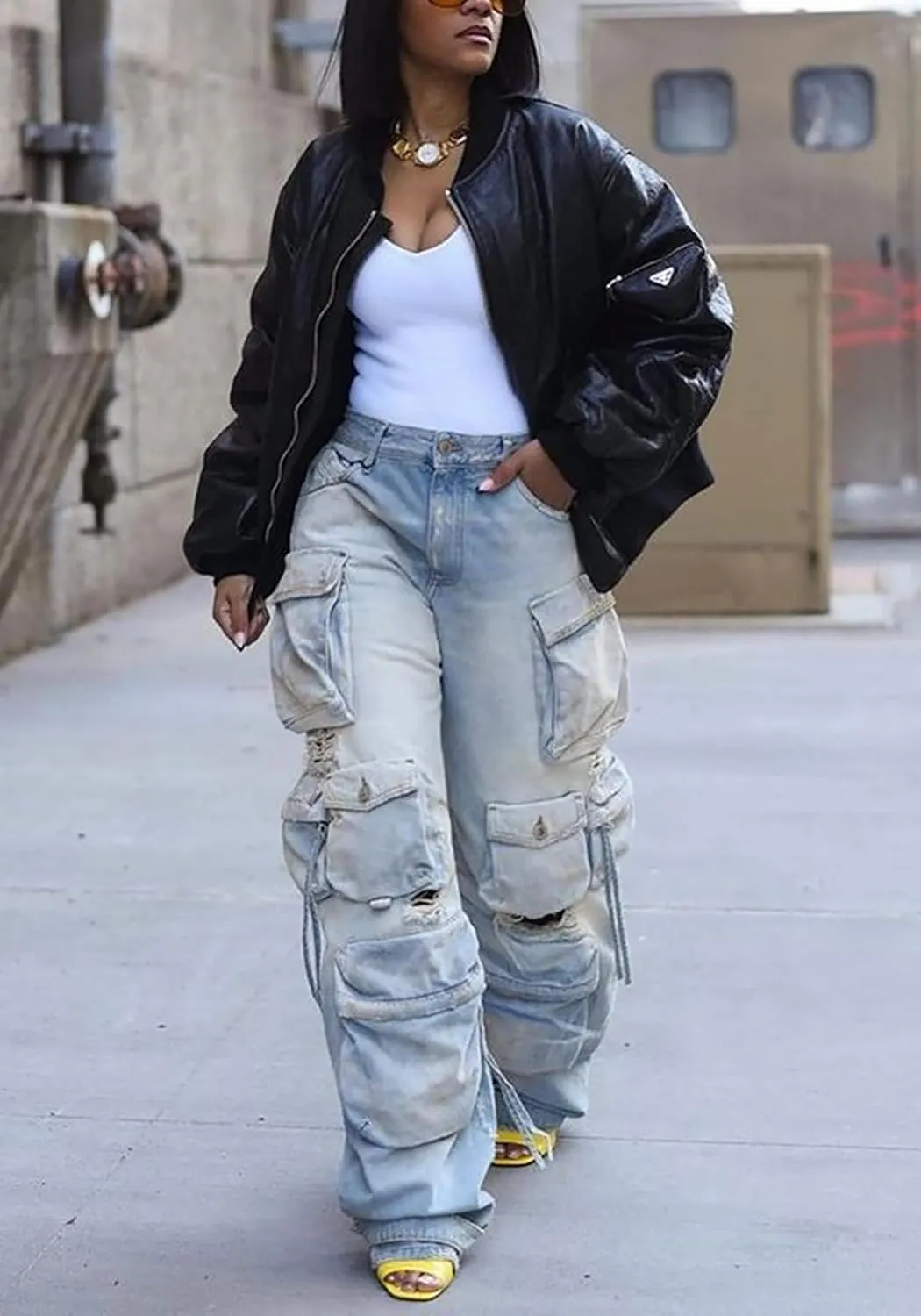 Cargo Jeans for Women Y2K High Waisted Baggy Jeans Straight Wide Leg Cargo Pants Streetwear