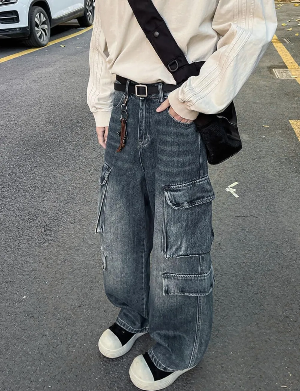 Cargo Pants with Pockets Men Women Baggy Jeans Y2k Wide Leg Grunge Loose Jeans Clothes Streetwear Black