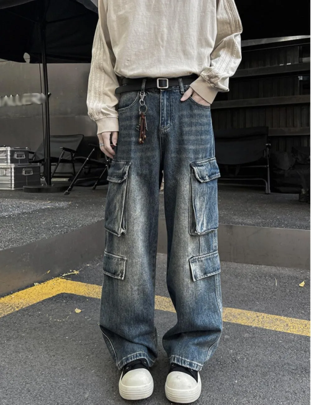 Cargo Pants with Pockets Men Women Baggy Jeans Y2k Wide Leg Grunge Loose Jeans Clothes Streetwear Black
