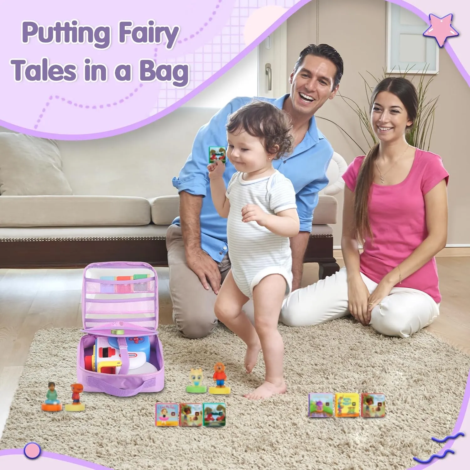 Carrying Case Compatible with Little Tikes Story Dream Machine Books Starter Set,Portable Storage Bag with Handle for Storytime,Little Golden Book,Little Puppy Character (Purple)