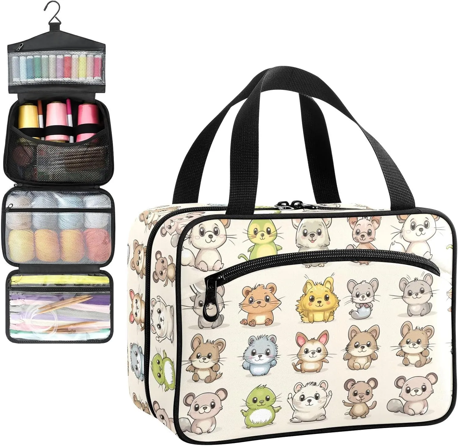 Cartoon Animal Cute Travel Toiletry Bag, Hanging Toiletry Bag Portable with Zipper, Sewing Storage with 4 Compartment and Hook for women/men Travel/Daily Use