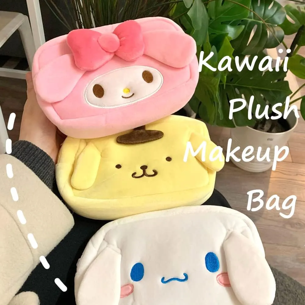 Cartoon Cosmetic Bag With Zipper,Kawaii Plush Makeup Bag,Cute Brush Organizer Toiletry Bag for Women Girls(Yellow)