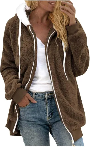 Casual Full Zip Sherpa Hoodies for Women Fleece Warm Soft Oversized Sweatshirts Drawstring Long Sleeve Winter Jackets