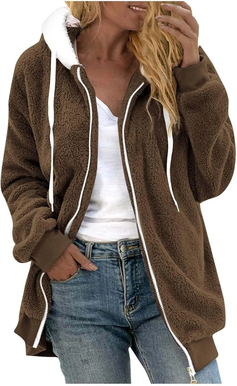 Casual Full Zip Sherpa Hoodies for Women Fleece Warm Soft Oversized Sweatshirts Drawstring Long Sleeve Winter Jackets
