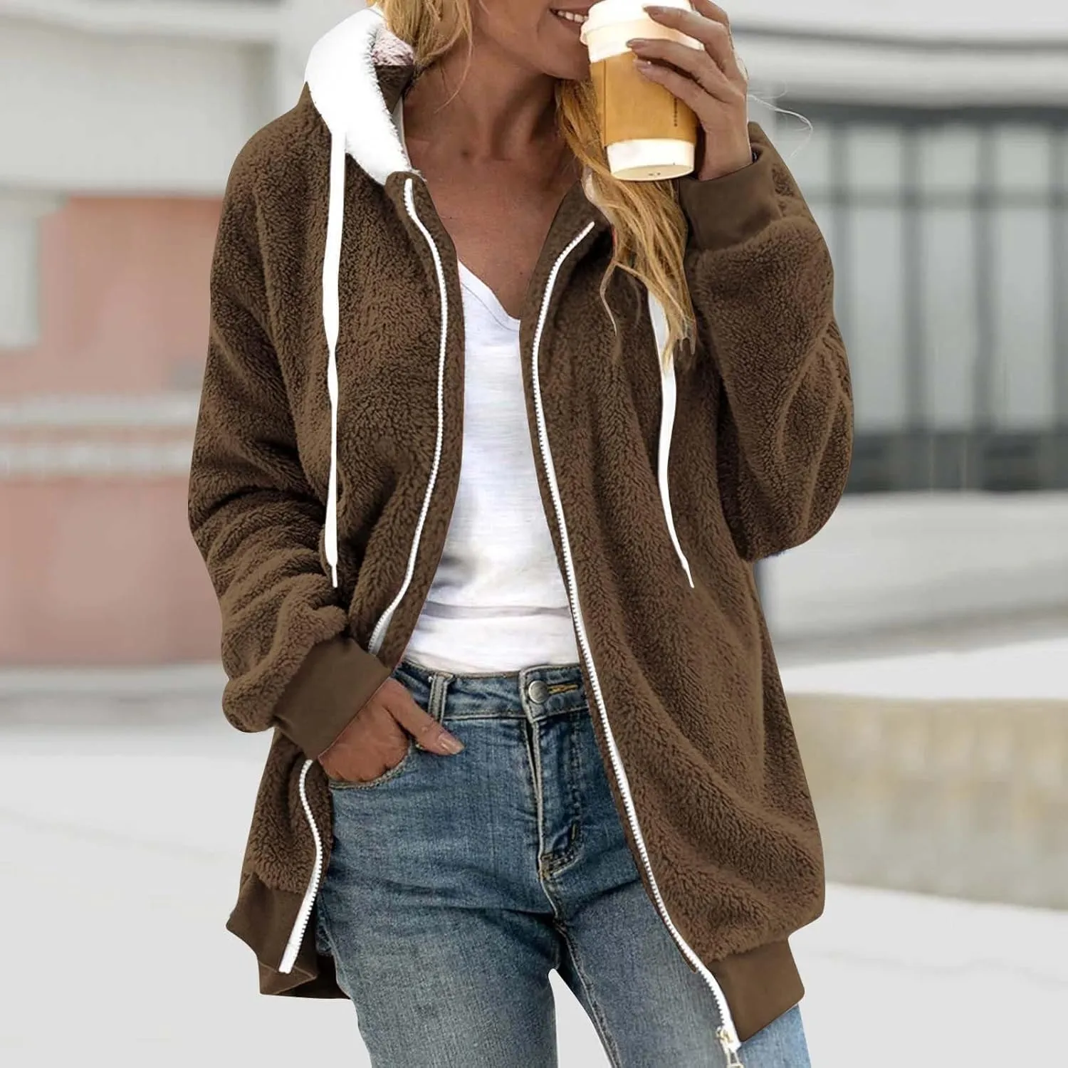 Casual Full Zip Sherpa Hoodies for Women Fleece Warm Soft Oversized Sweatshirts Drawstring Long Sleeve Winter Jackets
