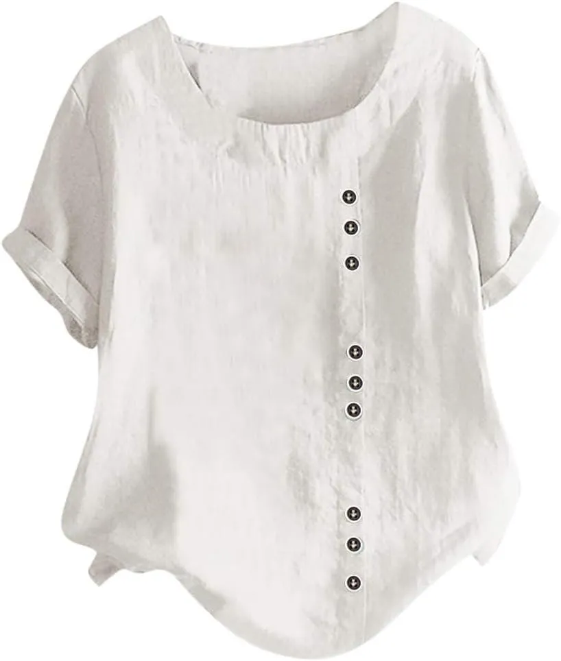 Casual Solid Color Tunic Tops for Women Cotton Linen Trendy Rolled Tee Shirts Button Down Tropical Cute Blouse Spring