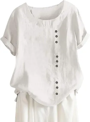Casual Solid Color Tunic Tops for Women Cotton Linen Trendy Rolled Tee Shirts Button Down Tropical Cute Blouse Spring