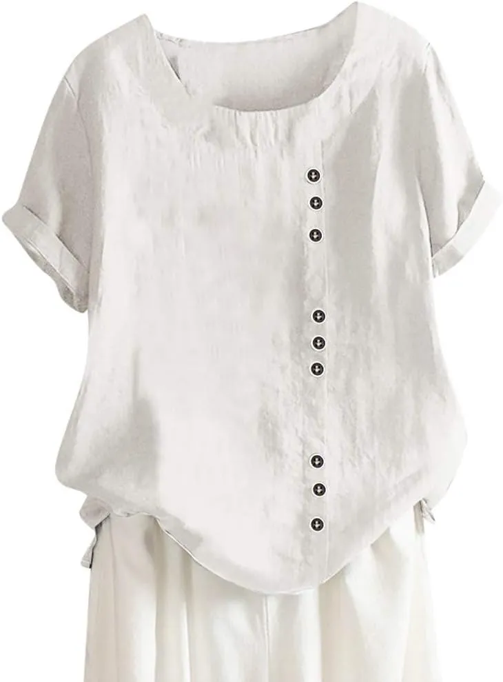 Casual Solid Color Tunic Tops for Women Cotton Linen Trendy Rolled Tee Shirts Button Down Tropical Cute Blouse Spring
