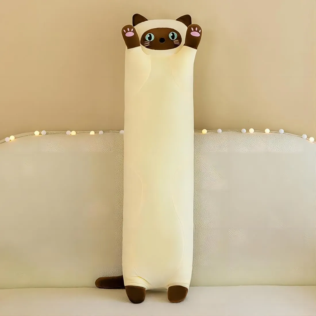 Cat Soft Plush Pillow Cute Cat Body Pillow, Long Stuffed Cat Plush Cat Stuffed Animal Toy Kitten Long Throw Pillow Gift for Kids Girlfriend(90CM,Beige)