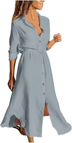 Ceboyel Linen Shirt Dresses for Women Button Down Drawstring Causal Dress Plain Long Maxi Dresses Trendy Ladies Outfits 2023