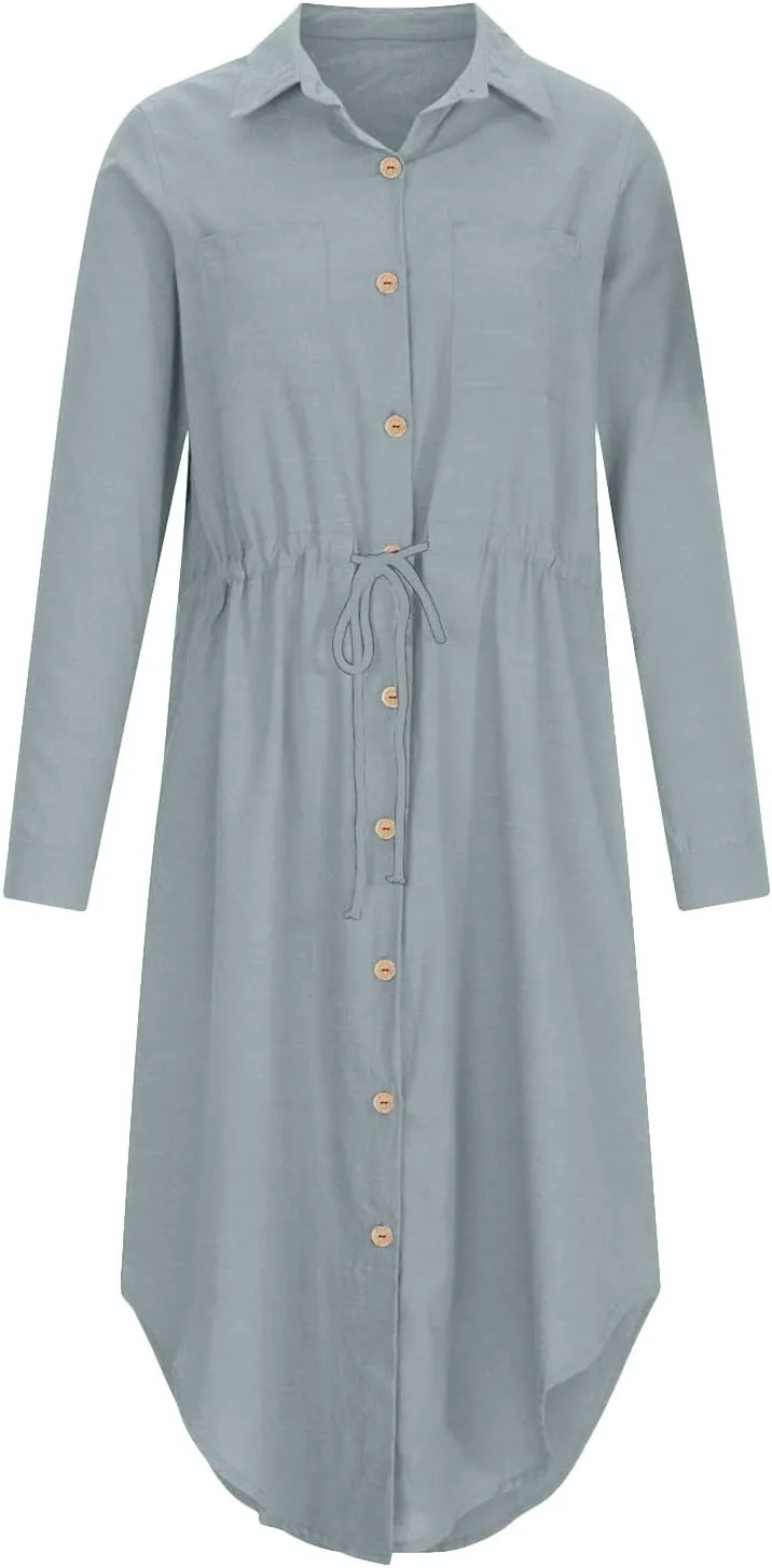 Ceboyel Linen Shirt Dresses for Women Button Down Drawstring Causal Dress Plain Long Maxi Dresses Trendy Ladies Outfits 2023