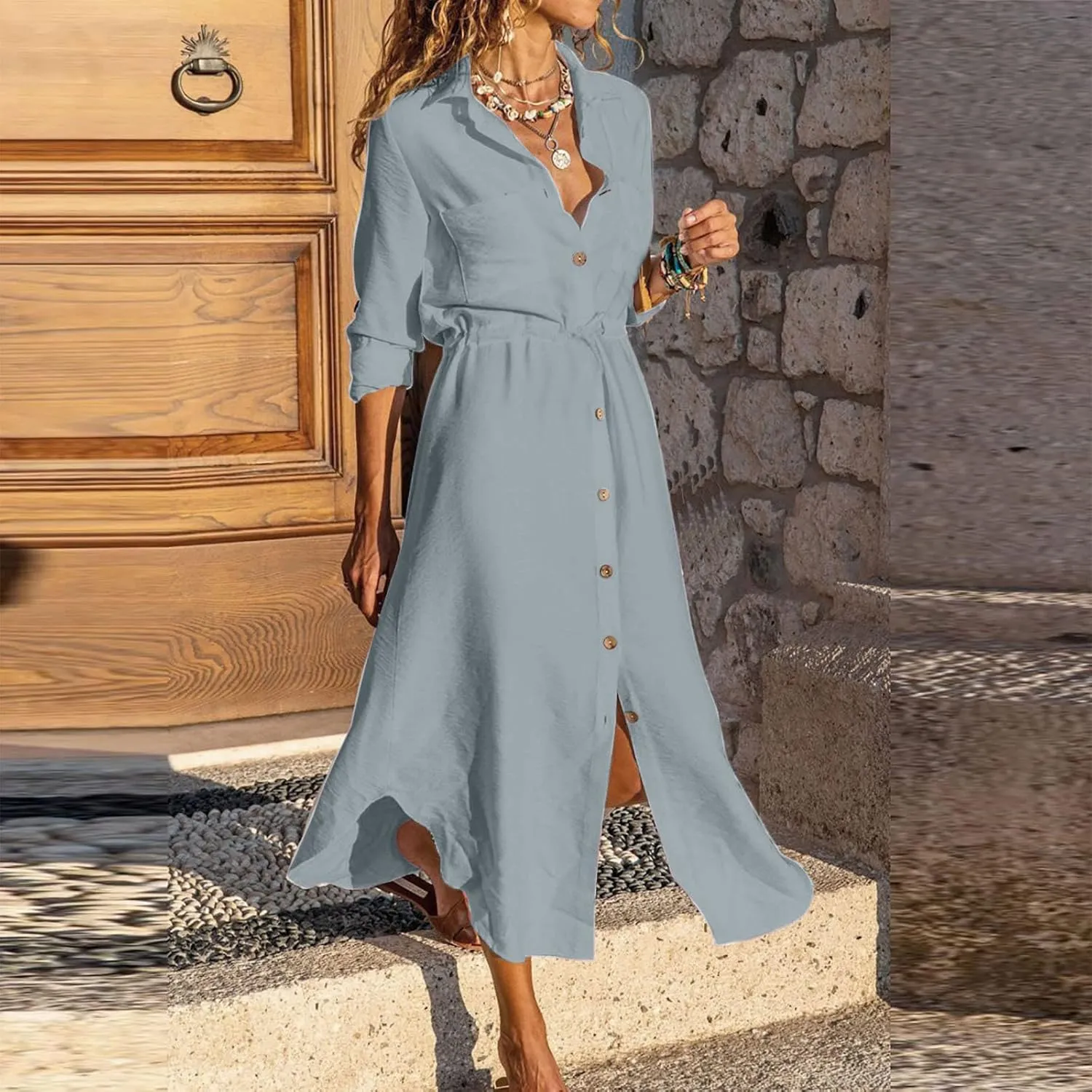 Ceboyel Linen Shirt Dresses for Women Button Down Drawstring Causal Dress Plain Long Maxi Dresses Trendy Ladies Outfits 2023