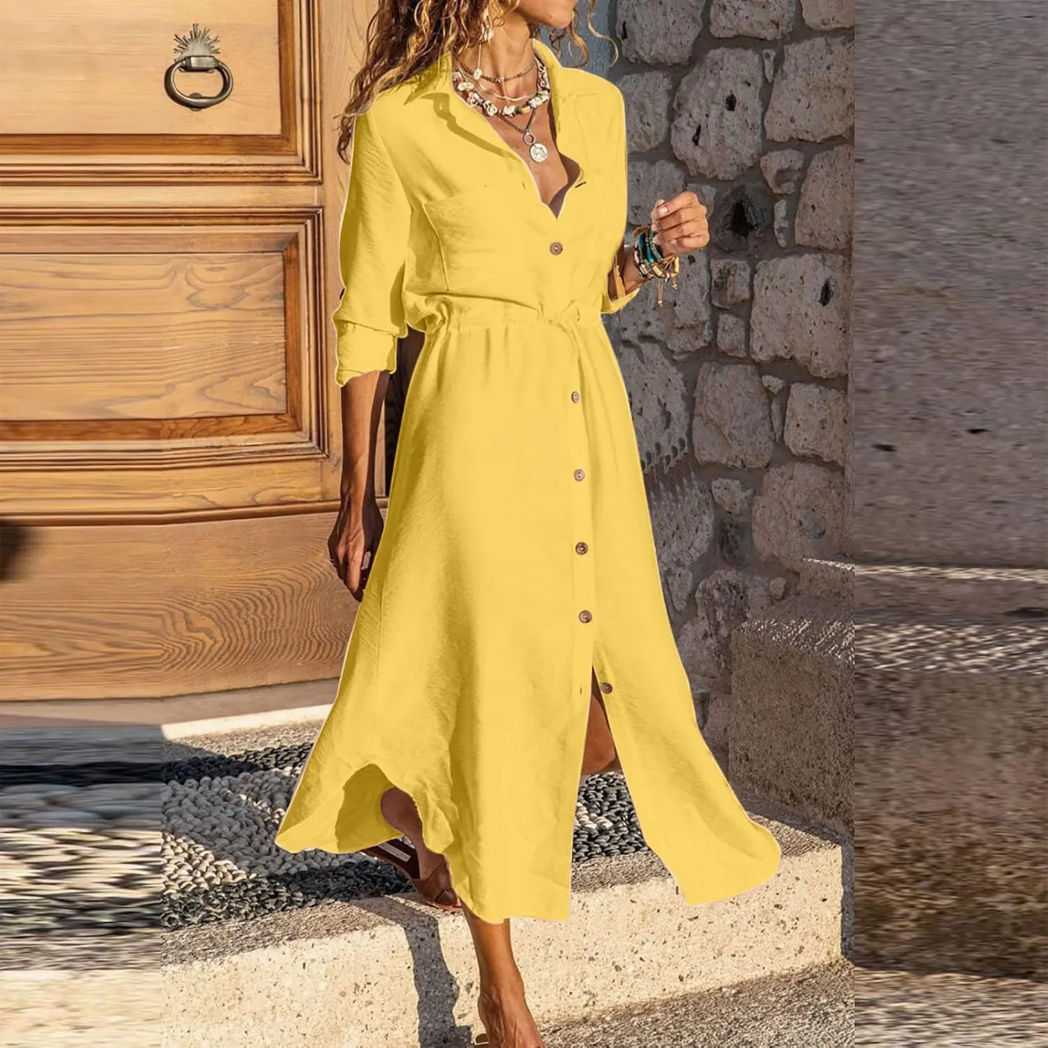 Ceboyel Linen Shirt Dresses for Women Button Down Drawstring Causal Dress Plain Long Maxi Dresses Trendy Ladies Outfits 2023