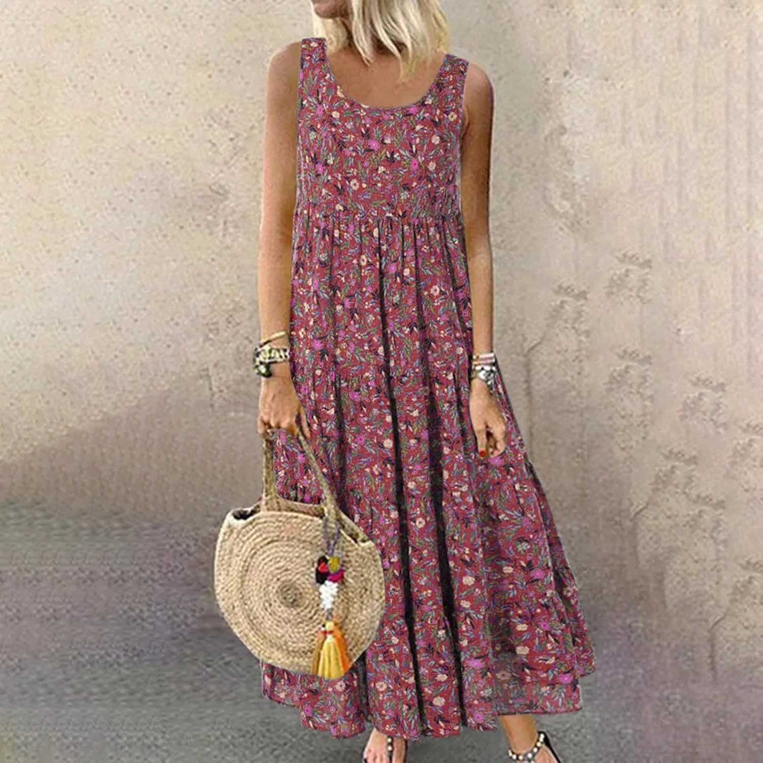 Ceboyel Women Boho Floral Maxi Dresses Flowy Tank Dress Sleeveless Smocked Sundresses Trendy Casual Beach Long Sun Dress