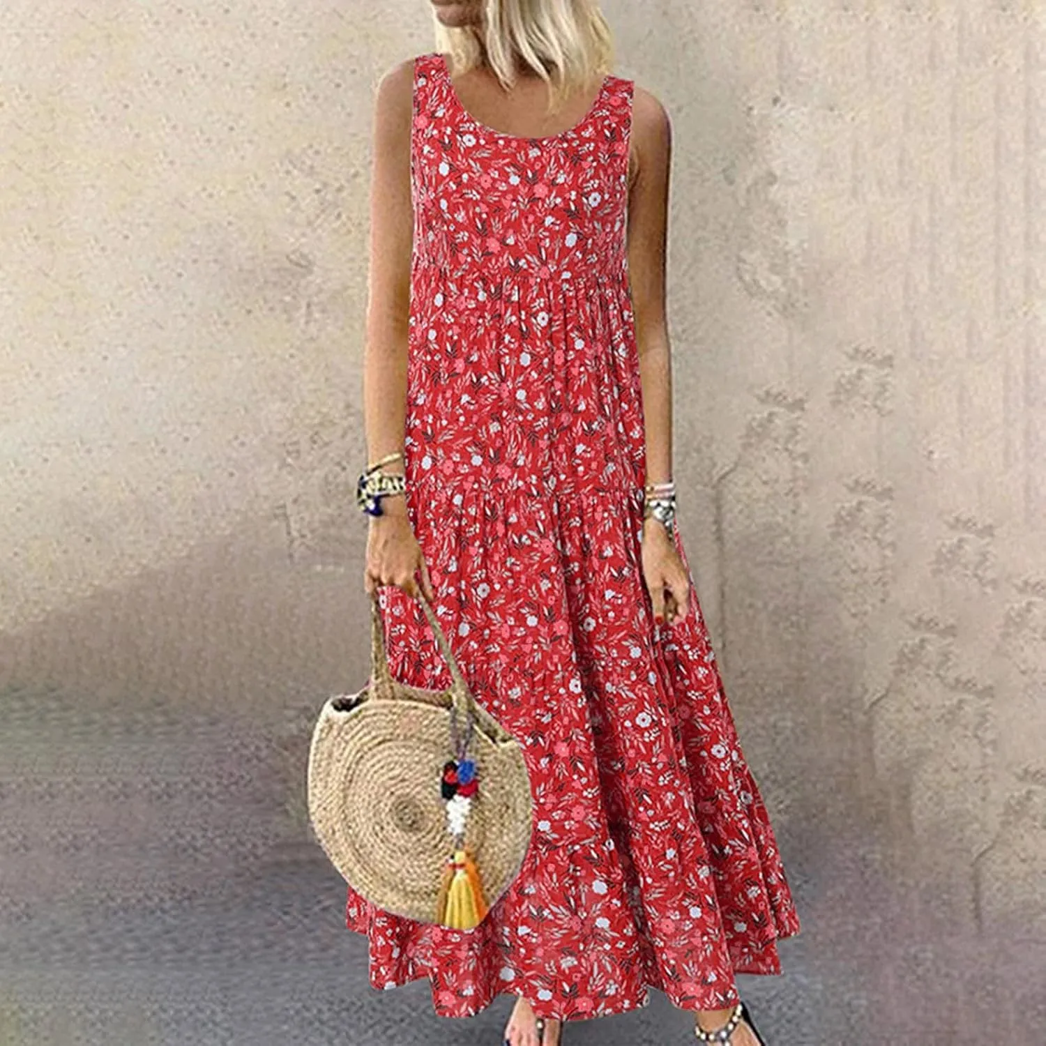 Ceboyel Women Boho Floral Maxi Dresses Flowy Tank Dress Sleeveless Smocked Sundresses Trendy Casual Beach Long Sun Dress