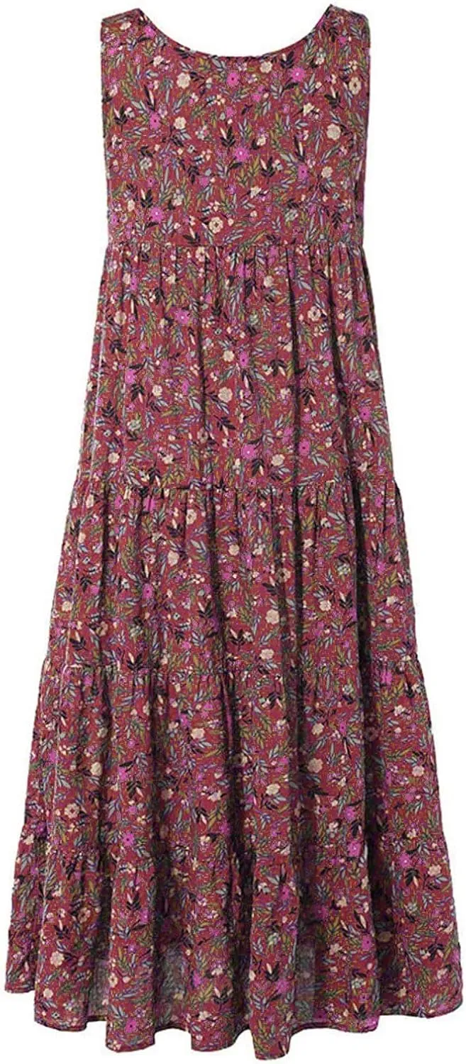 Ceboyel Women Boho Floral Maxi Dresses Flowy Tank Dress Sleeveless Smocked Sundresses Trendy Casual Beach Long Sun Dress