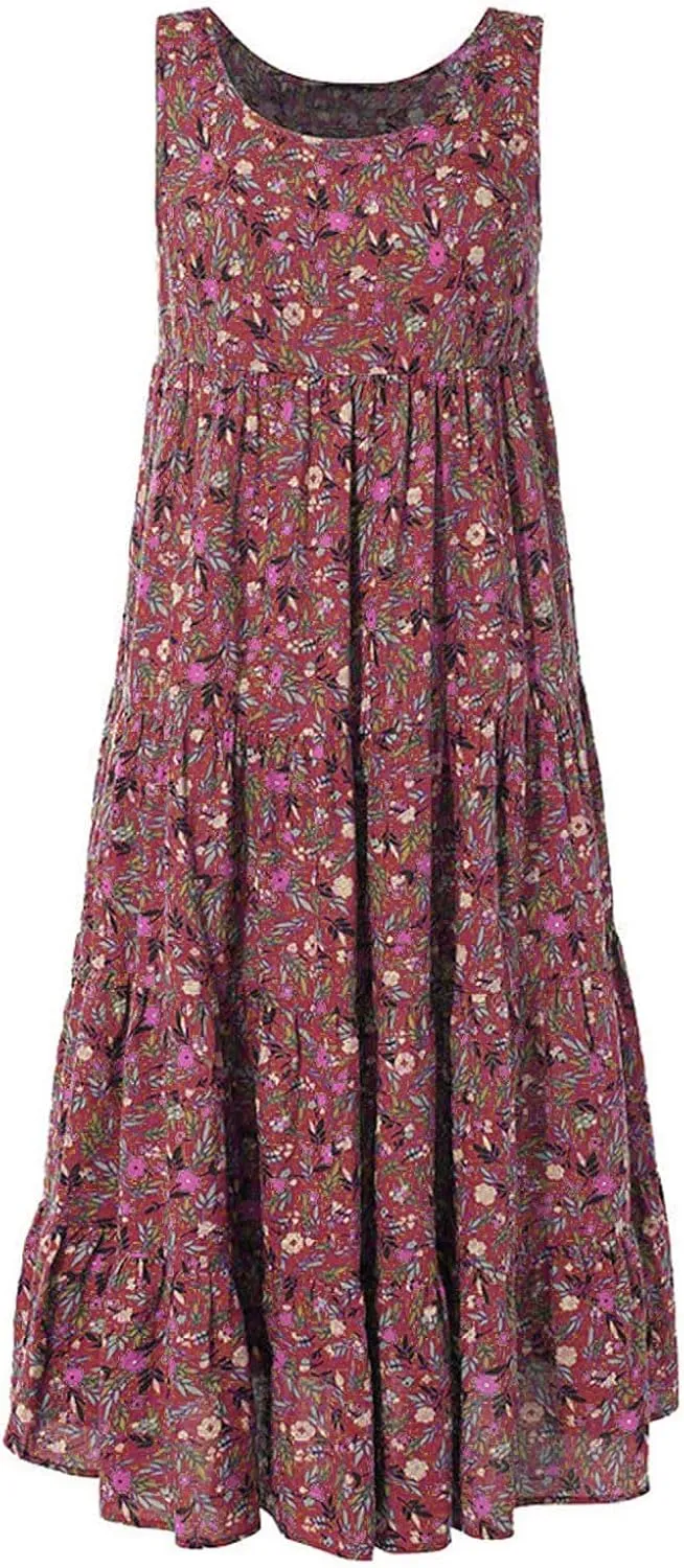 Ceboyel Women Boho Floral Maxi Dresses Flowy Tank Dress Sleeveless Smocked Sundresses Trendy Casual Beach Long Sun Dress