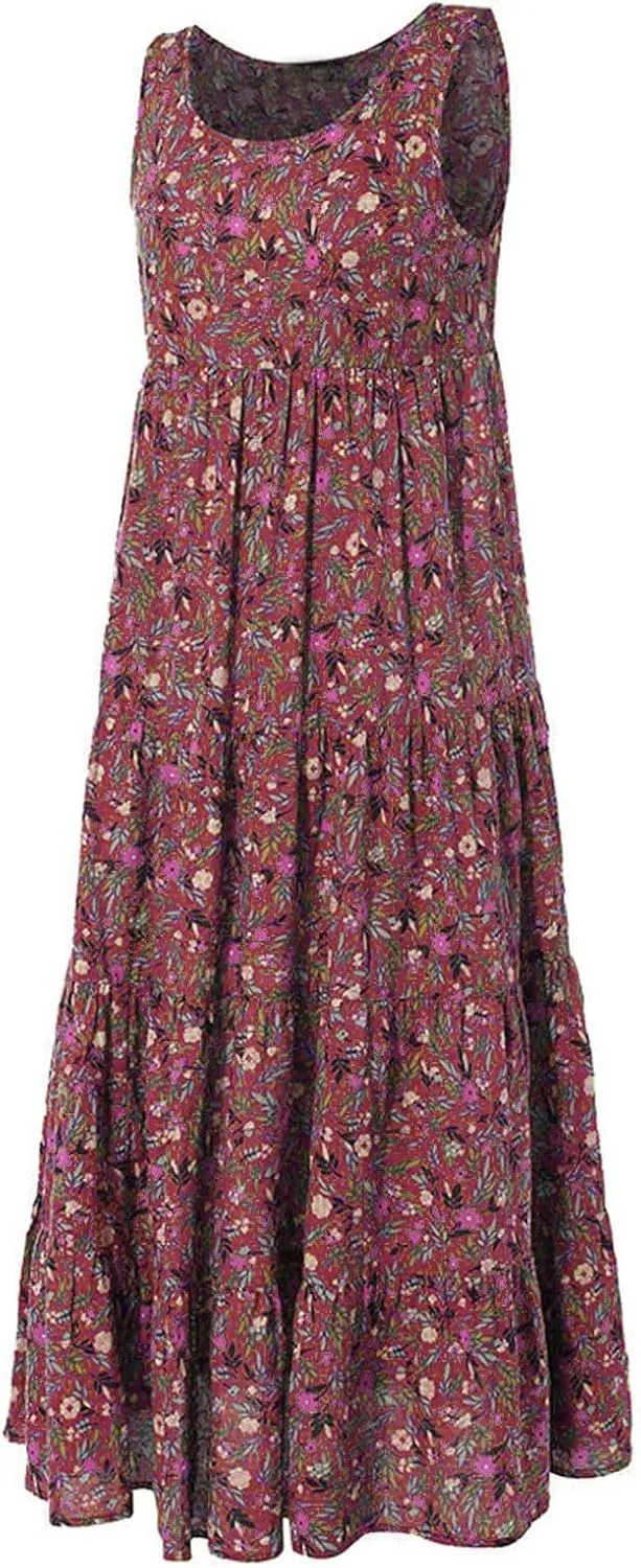 Ceboyel Women Boho Floral Maxi Dresses Flowy Tank Dress Sleeveless Smocked Sundresses Trendy Casual Beach Long Sun Dress