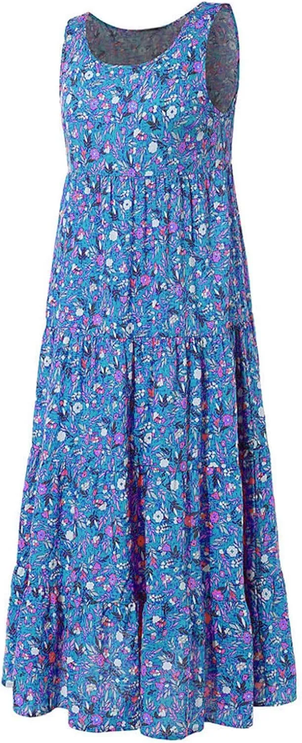Ceboyel Women Boho Floral Maxi Dresses Flowy Tank Dress Sleeveless Smocked Sundresses Trendy Casual Beach Long Sun Dress