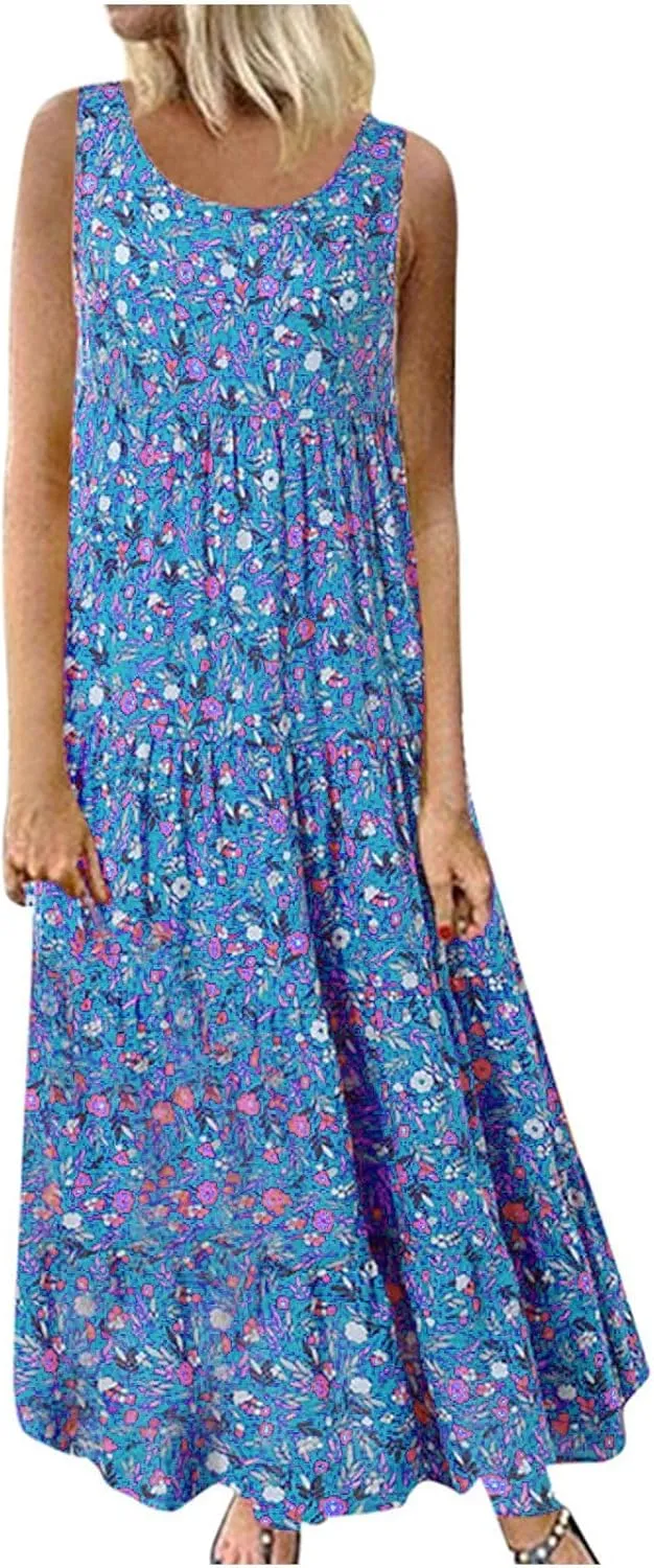 Ceboyel Women Boho Floral Maxi Dresses Flowy Tank Dress Sleeveless Smocked Sundresses Trendy Casual Beach Long Sun Dress