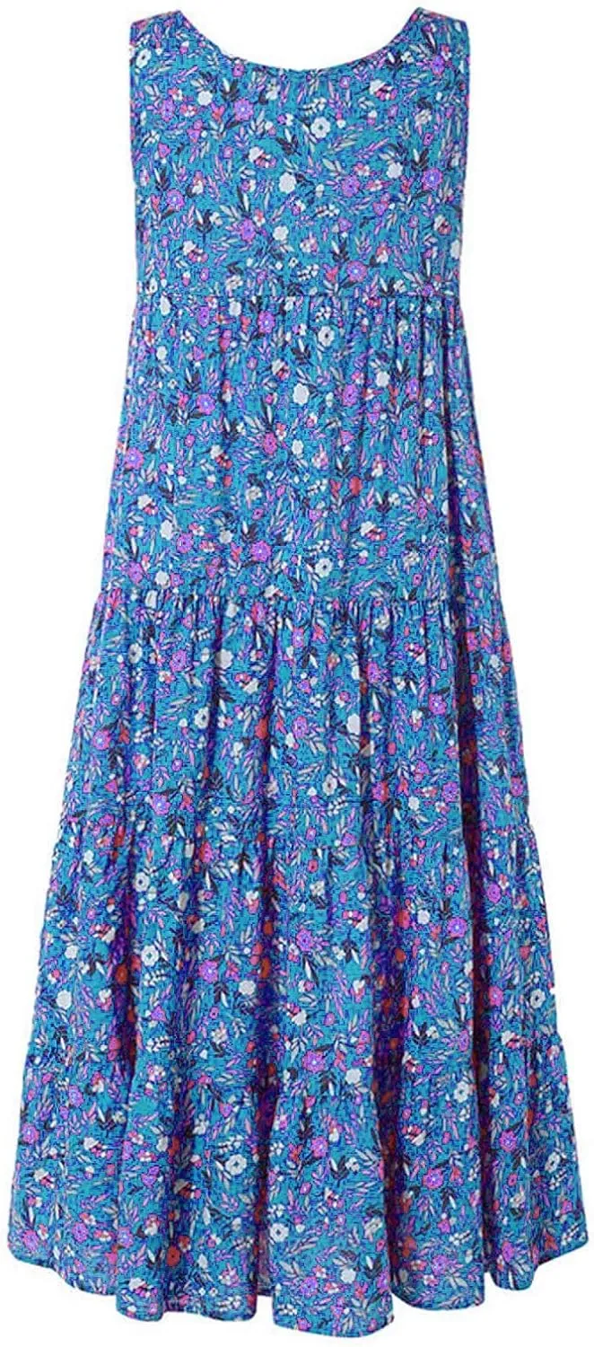 Ceboyel Women Boho Floral Maxi Dresses Flowy Tank Dress Sleeveless Smocked Sundresses Trendy Casual Beach Long Sun Dress