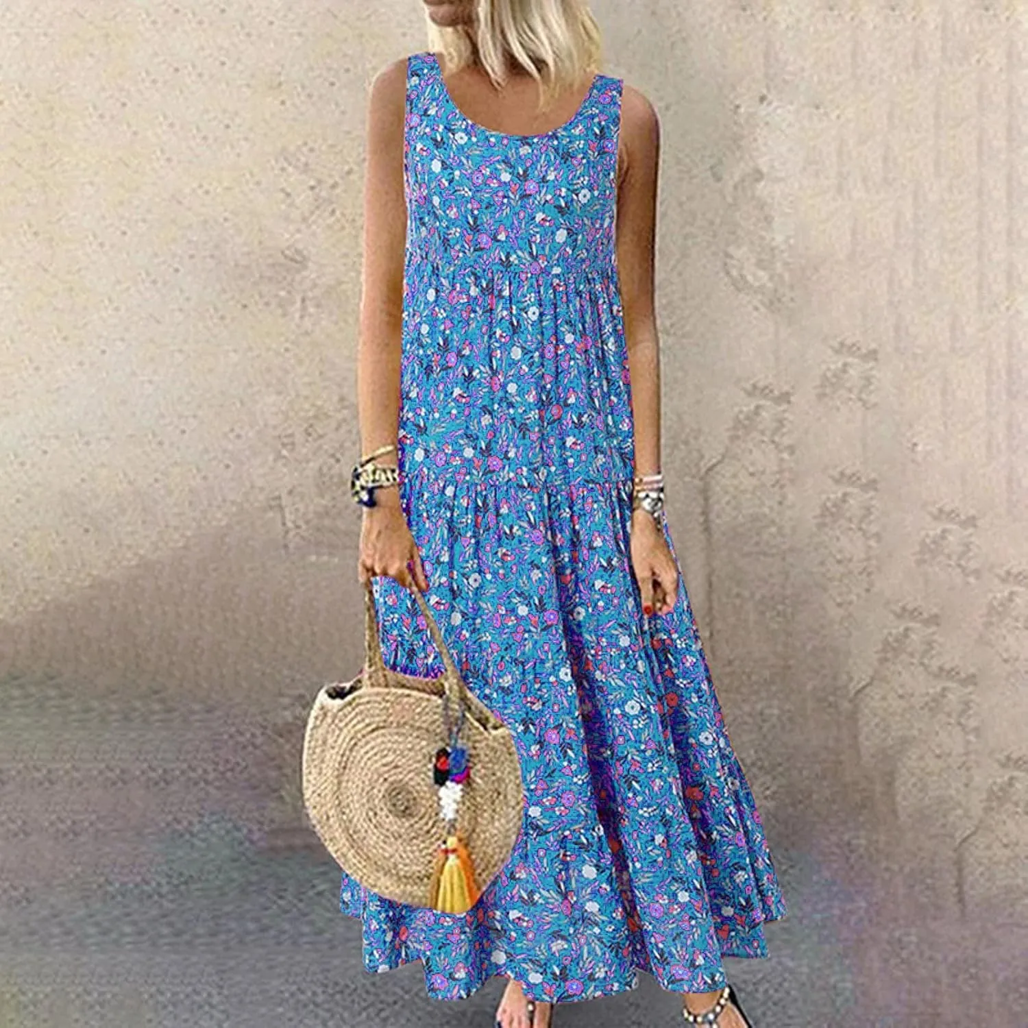 Ceboyel Women Boho Floral Maxi Dresses Flowy Tank Dress Sleeveless Smocked Sundresses Trendy Casual Beach Long Sun Dress