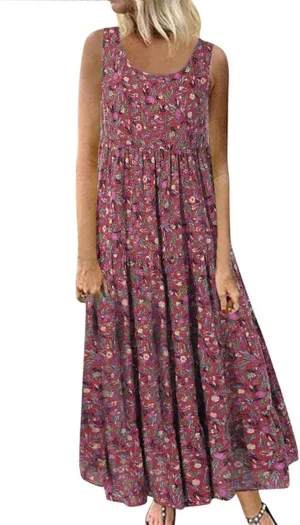 Ceboyel Women Boho Floral Maxi Dresses Flowy Tank Dress Sleeveless Smocked Sundresses Trendy Casual Beach Long Sun Dress