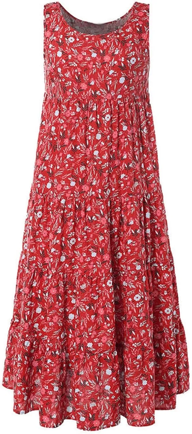 Ceboyel Women Boho Floral Maxi Dresses Flowy Tank Dress Sleeveless Smocked Sundresses Trendy Casual Beach Long Sun Dress