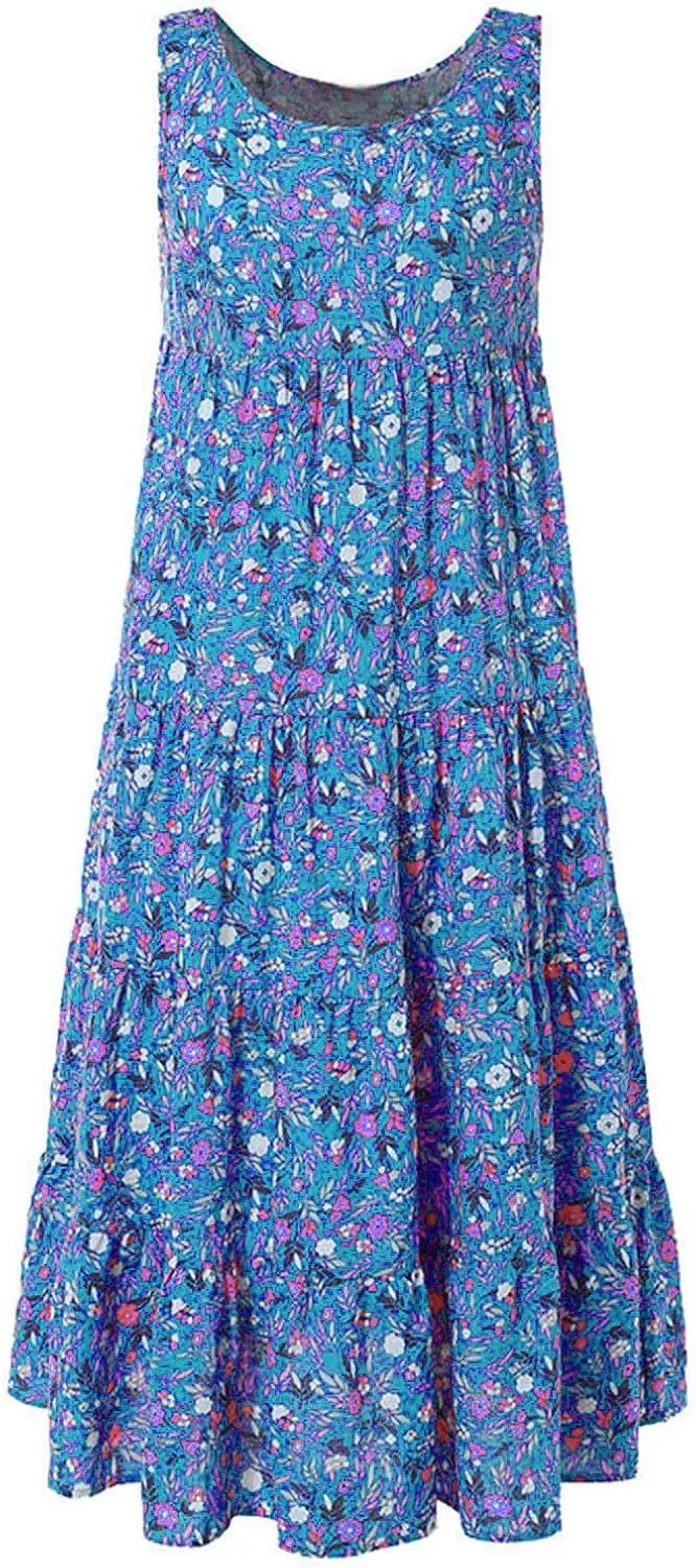Ceboyel Women Boho Floral Maxi Dresses Flowy Tank Dress Sleeveless Smocked Sundresses Trendy Casual Beach Long Sun Dress