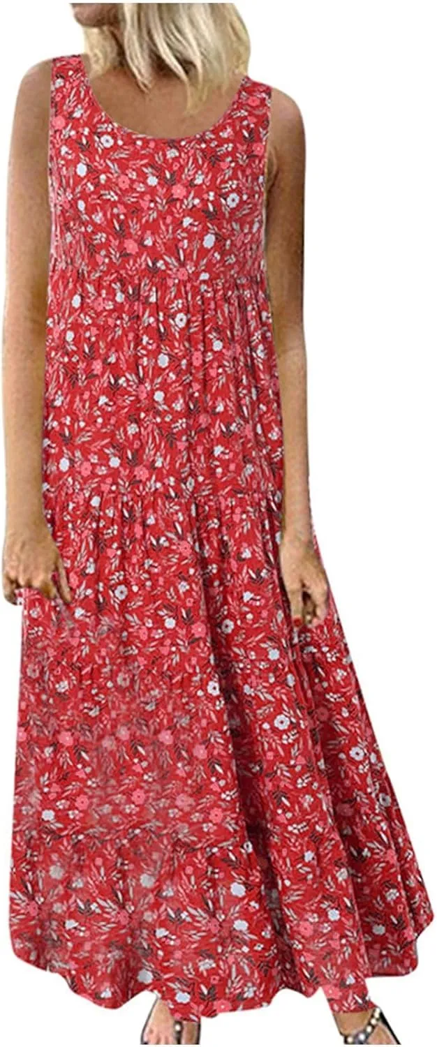 Ceboyel Women Boho Floral Maxi Dresses Flowy Tank Dress Sleeveless Smocked Sundresses Trendy Casual Beach Long Sun Dress