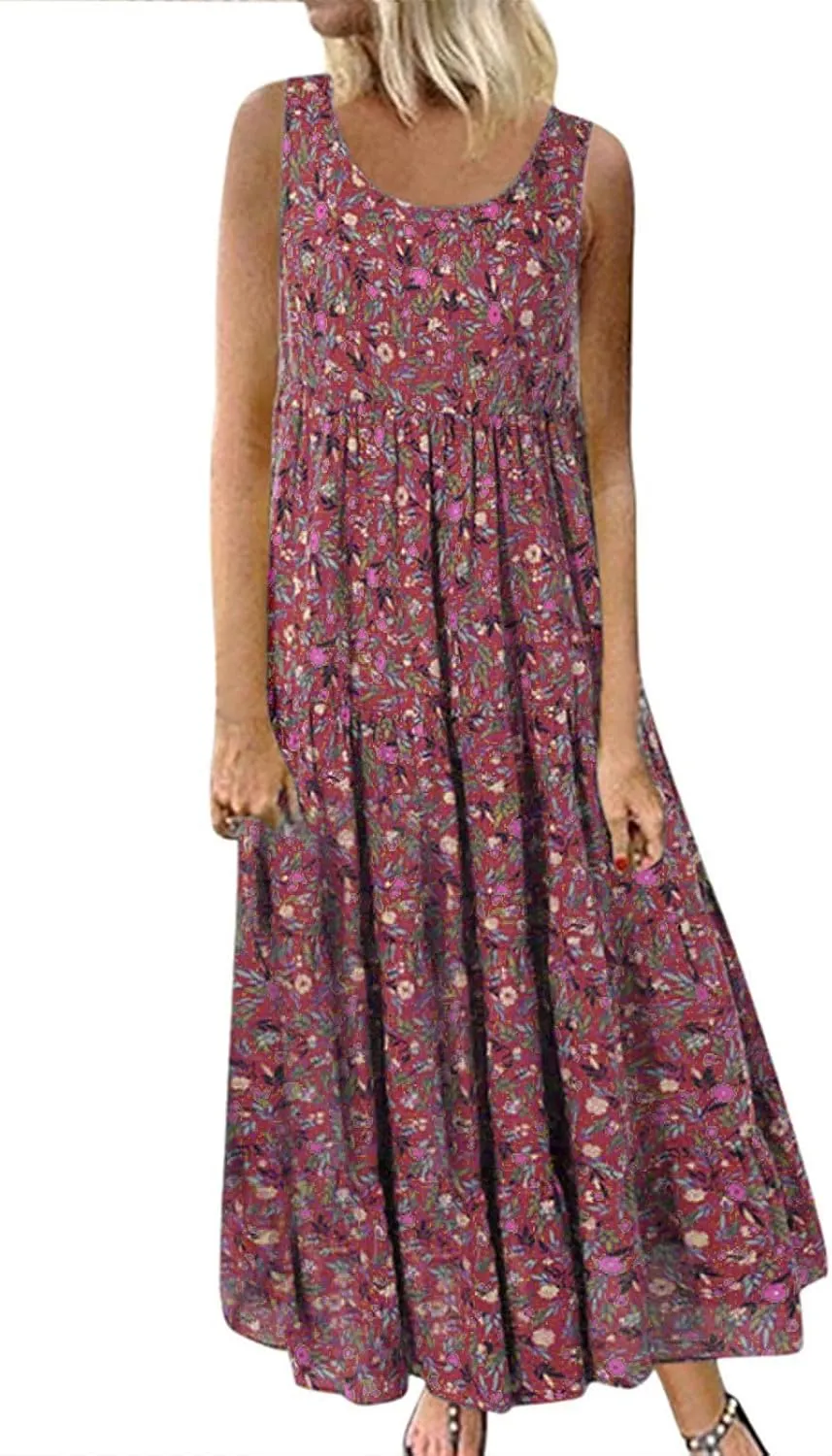 Ceboyel Women Boho Floral Maxi Dresses Flowy Tank Dress Sleeveless Smocked Sundresses Trendy Casual Beach Long Sun Dress