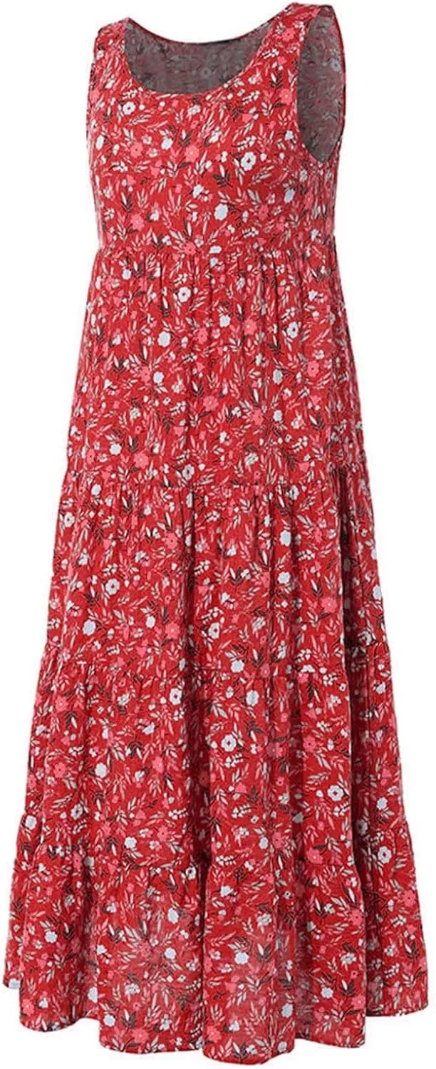 Ceboyel Women Boho Floral Maxi Dresses Flowy Tank Dress Sleeveless Smocked Sundresses Trendy Casual Beach Long Sun Dress