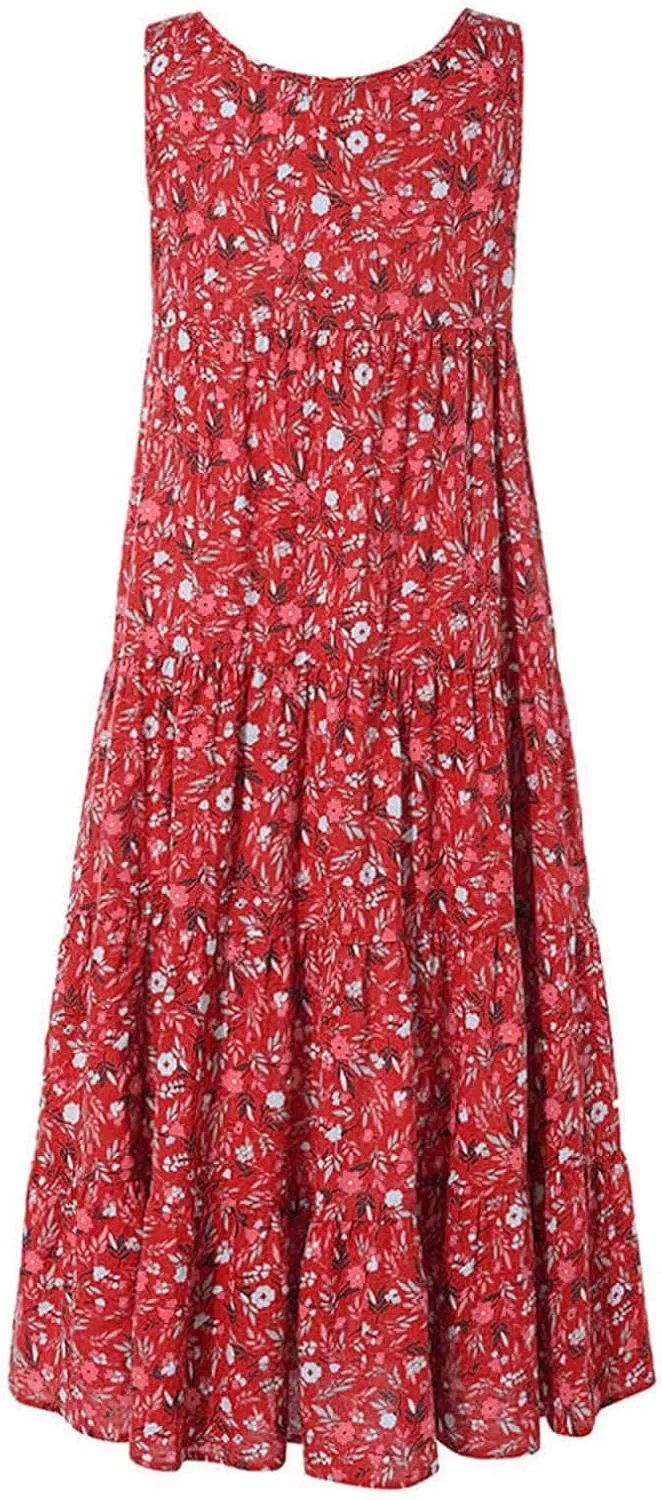 Ceboyel Women Boho Floral Maxi Dresses Flowy Tank Dress Sleeveless Smocked Sundresses Trendy Casual Beach Long Sun Dress