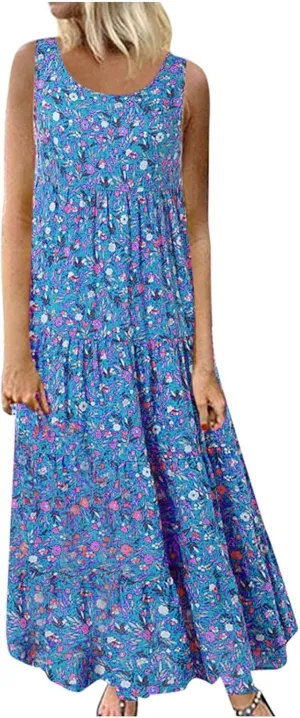 Ceboyel Women Boho Floral Maxi Dresses Flowy Tank Dress Sleeveless Smocked Sundresses Trendy Casual Beach Long Sun Dress