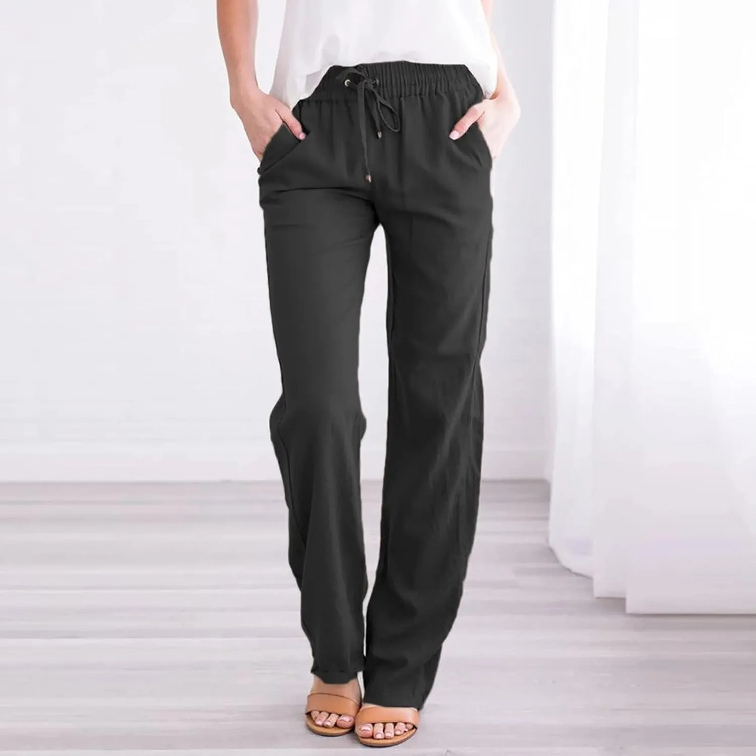 Ceboyel Women Linen Straight Pants Drawstring Summer Trousers Trendy Beach Travel Pant Loose Fitting Business Casual Clothing