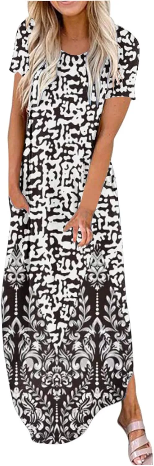 Ceboyel Women's Summer Casual Dresses Short Sleeve Maxi Dress Boho Floral Print Long Dresses Trendy Ladies Beach Outfits 2023