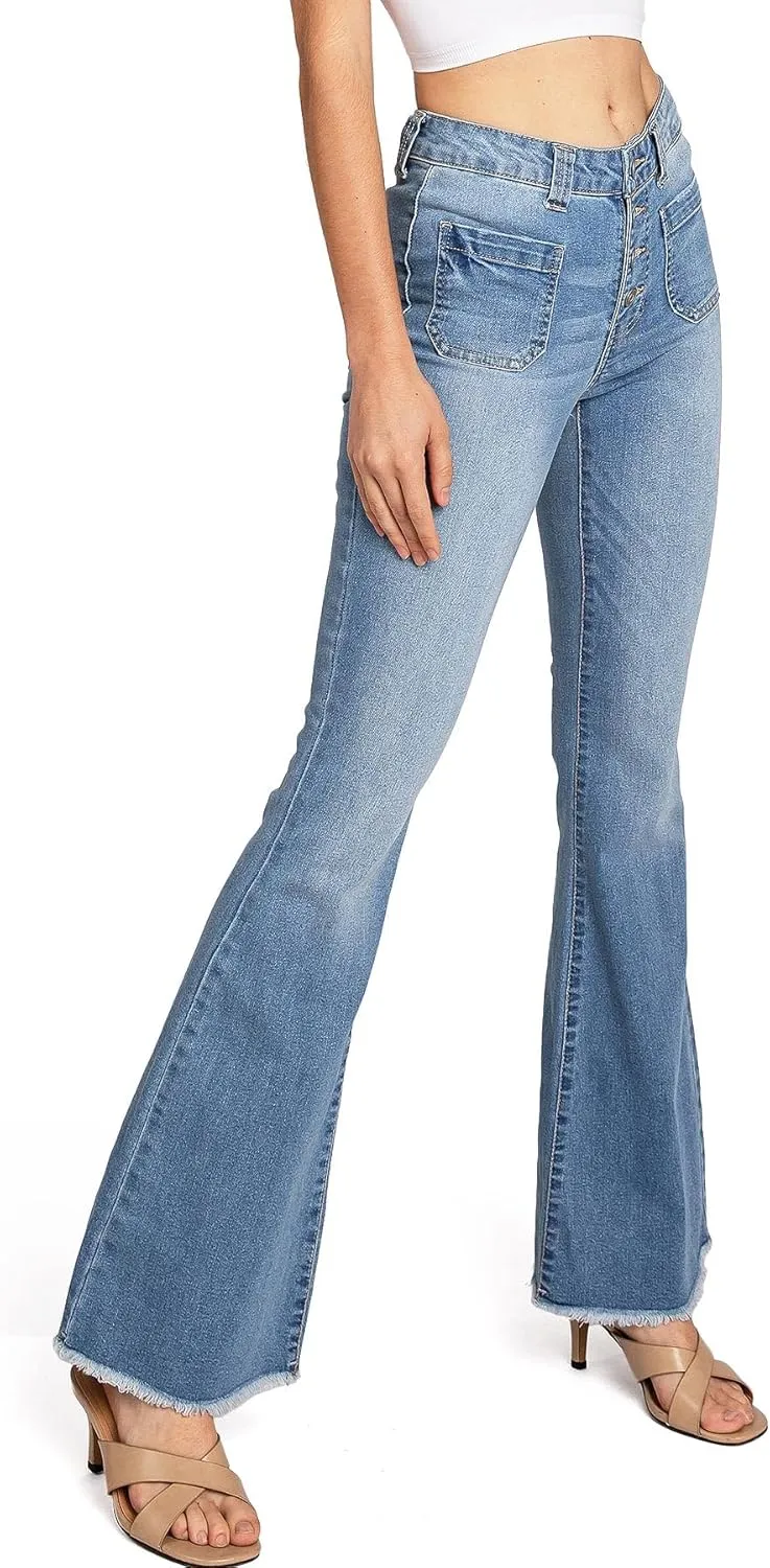 Celebrity Pink Regeneration Women's Juniors Mid Rise Patch Pocket Flare Jeans