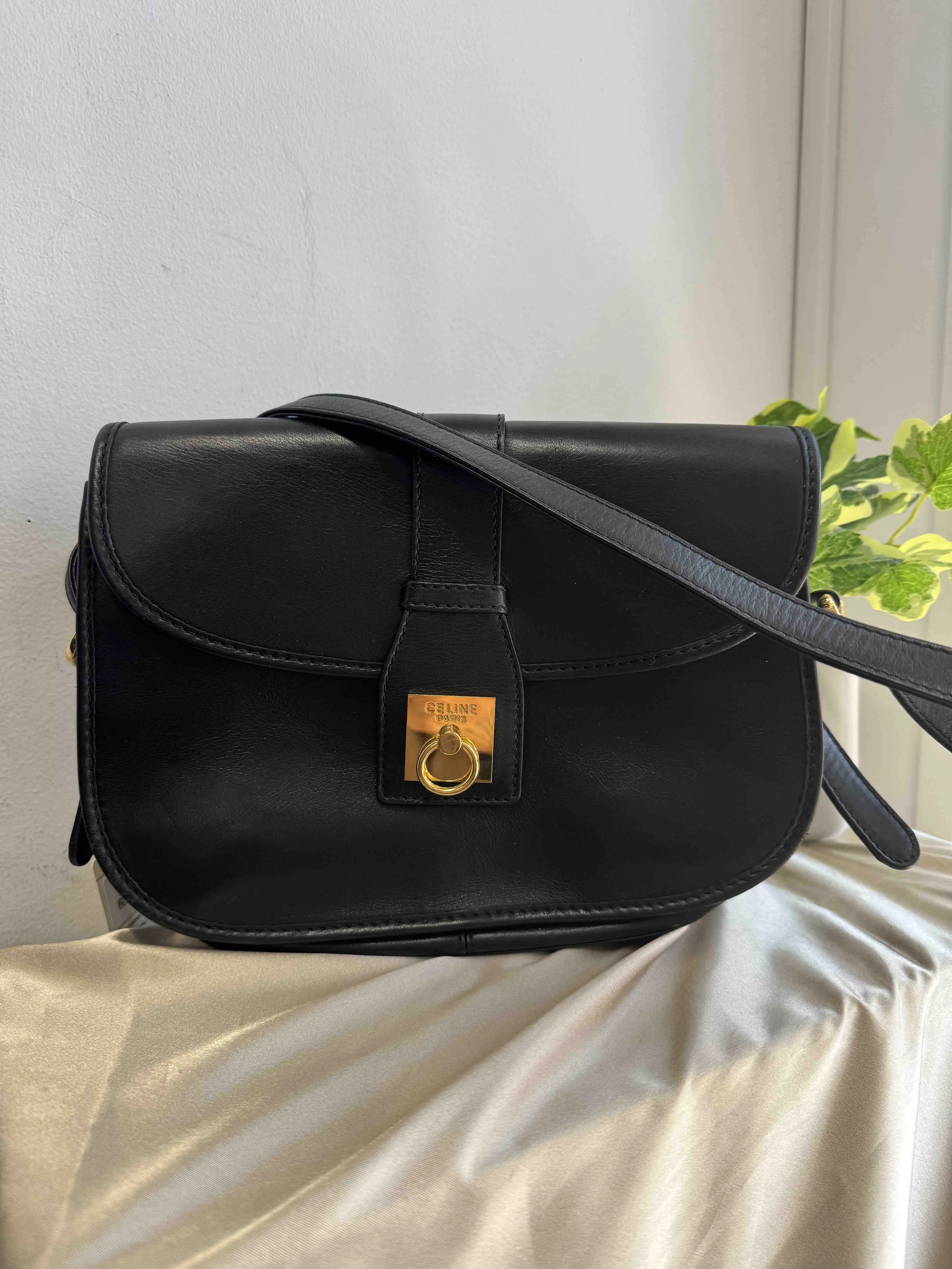 Celine Black Leather Crossbody Bag with Gold Hardware