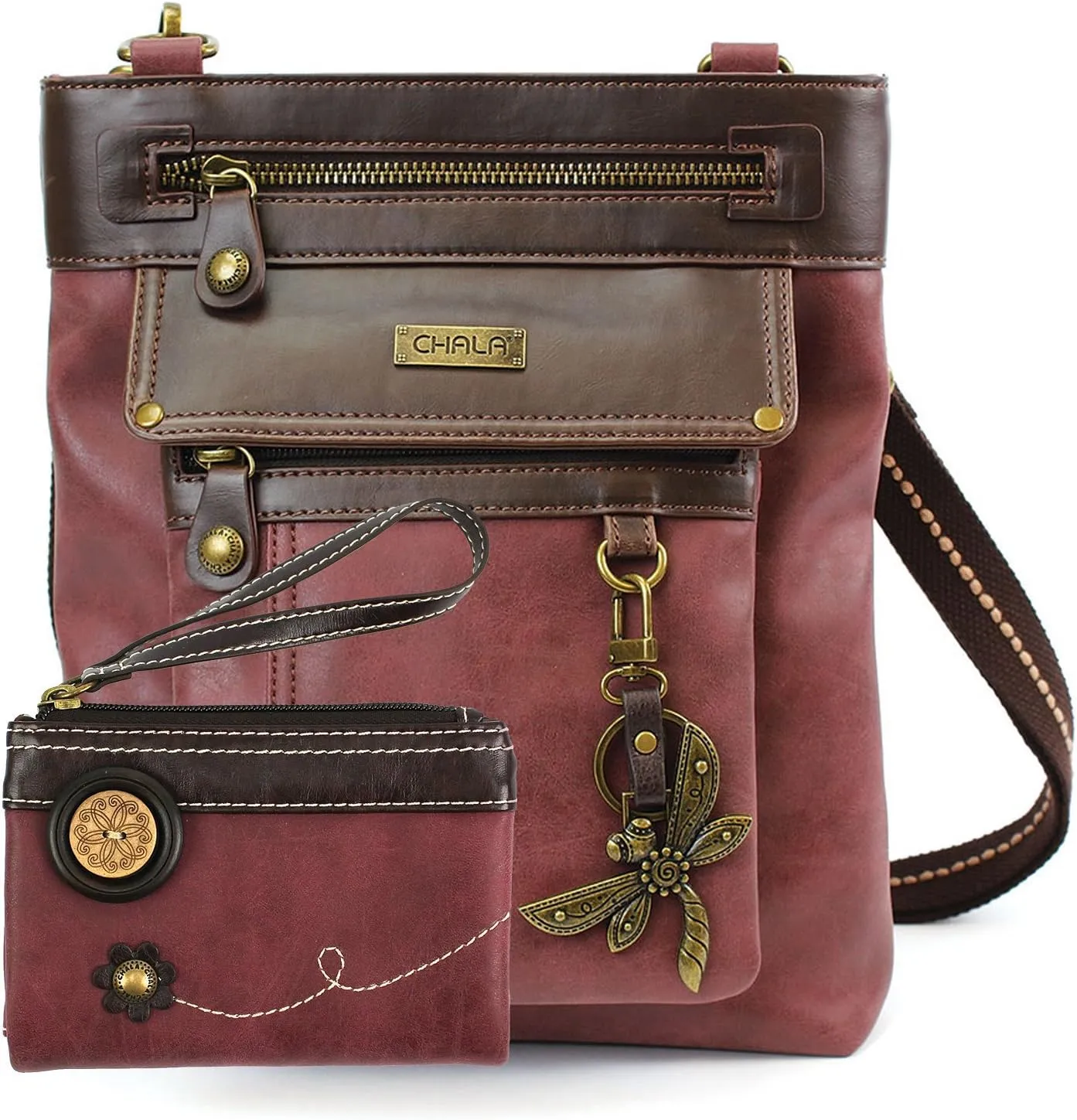 CHALA GEMINI Crossbody Faux Leather Gift Messenger Bag with Double Zip Wallet